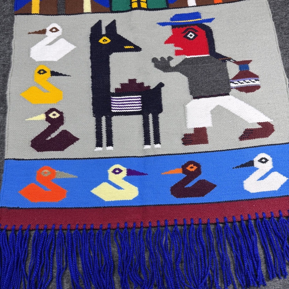 Vintage Peruvian Tapestry Hand Woven Wool Farm Landscape South America 25 X 41 - Picture 8 of 9